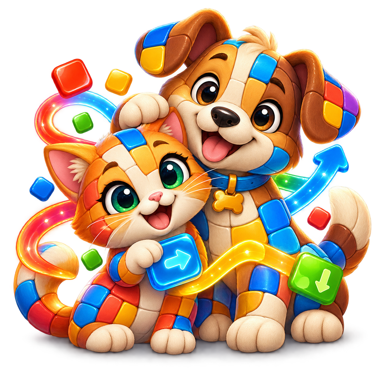 Patchwork puppy and kitten characters from Mosaic Flow
